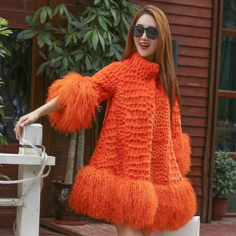 Fashion The New Natural Rabbit Fur Coat Winter Keep Warm Engraved Pattern Beach Wool Stitching Loose Mid Length Women Coat