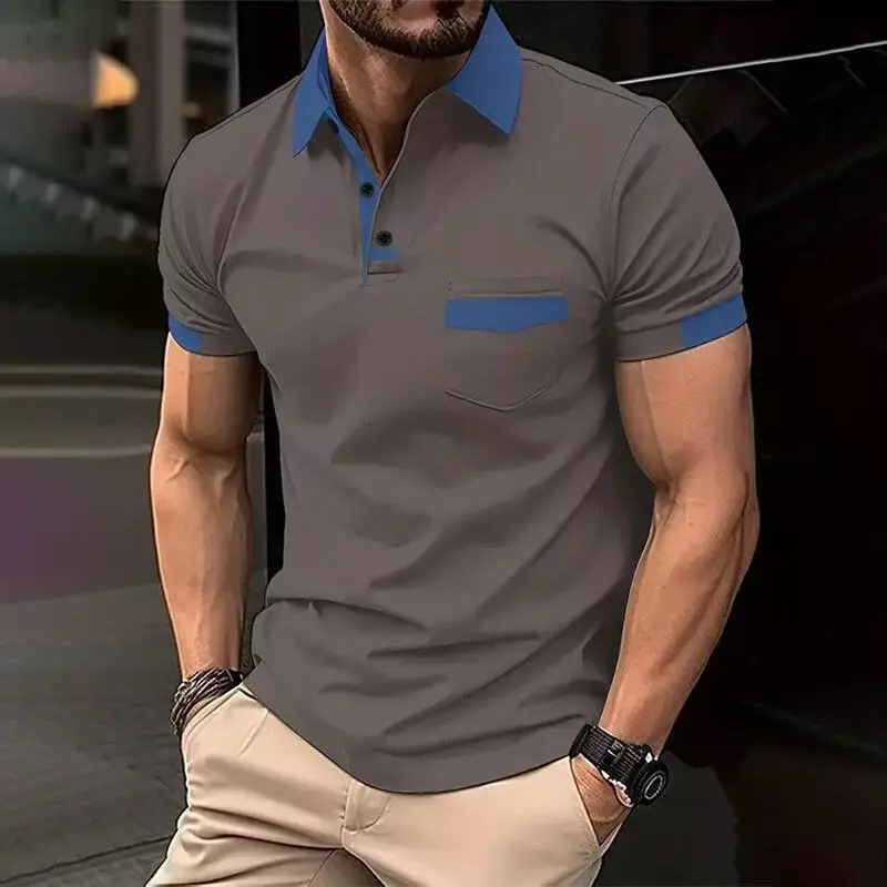 Summer Men's POLO Shirt Color Matching Pocket Buttons Casual T-shirt Short Sleeve Sports Pullover Business Casual Commuter Shirt