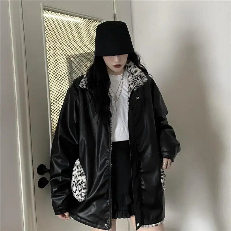 PU Leather Jacket Women Fleece Autumn Winter Streetwear Leopard Print Jacket Reversible Windproof Motorcycle Jacket Warm Thick