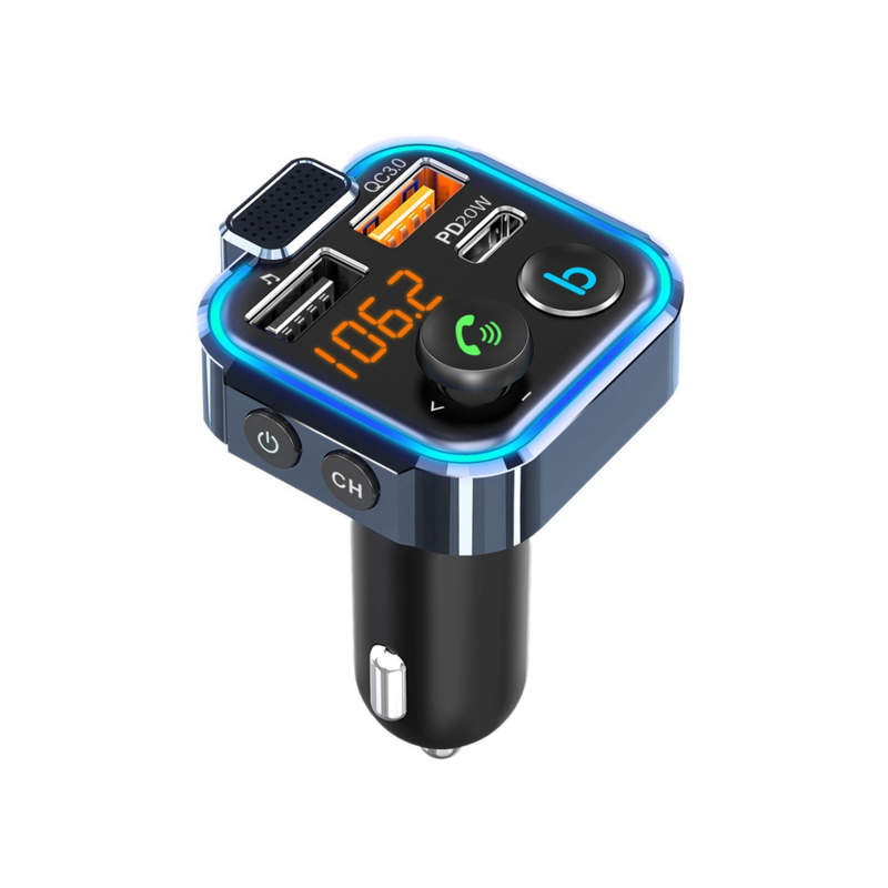 อะแดปเตอร์ชาร์จไฟในรถยนต์ตัวส่งสัญญาณ FM เสียงเร็ว USB อะแดปเตอร์รองรับไฟพื้นหลัง LED ขนาด42W + ไฟแบล็คไลท์สำหรับโทรไร้สาย QC3.0