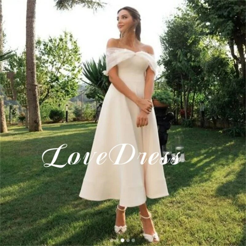 Love Elegant Off The Shoulder Sweetheart Lace Applique Stain Wedding Dresses A-Line Tea Length Sleeveless Backless Bridal Gowns