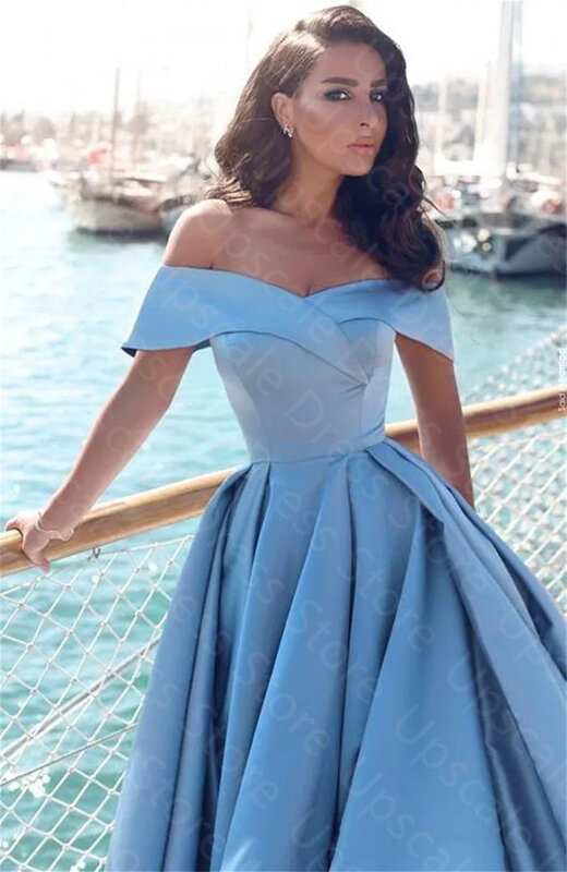 Gorgeous Light Sky Blue Off The Shoulder Satin A Line Prom Dresses Ruched High Split Sweep Train Formal Party Evening Dress
