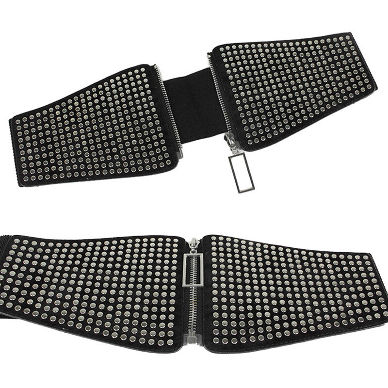 Cinturón con remaches elásticos para mujer, faja de punto con remaches, negra, ancha, adelgazante, de cintura alta, con cremallera, decorativa