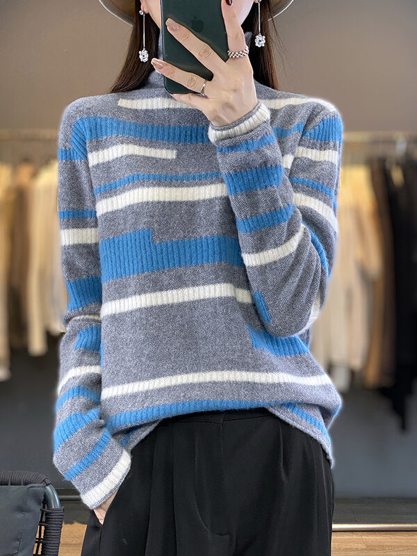 Addonee-suéter de cuello alto para mujer, Jersey Vintage a rayas de lana merina de alta calidad, Tops de punto de Cachemira, otoño e invierno, 100%