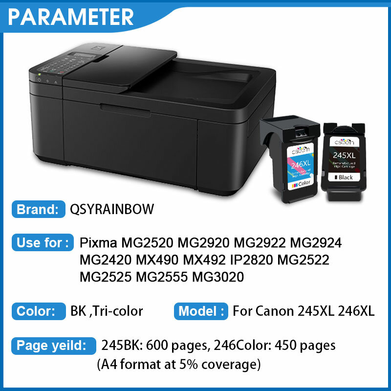 Чернильные картриджи QSYRAINBOW для принтера PG 245 246 XL, восстановленные Pixma IP2820 MX492 490 MG2420 2520 2920 TS202 302 3120