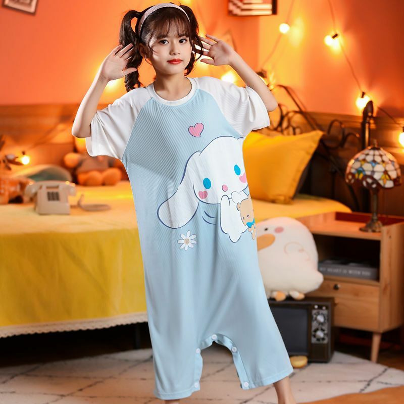 Sanios pigiama per bambini Kawaii Hello Kittys Kuromi Cinnamoroll ragazza camicia da notte a maniche corte in seta di ghiaccio carino Home Wear Sleepwear