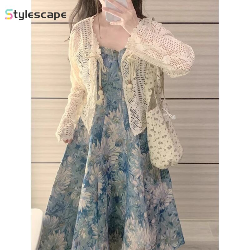 Large French oil painting floral camisole dress+hollowed out cardigan seaside vacation casual girl two-piece set for woman