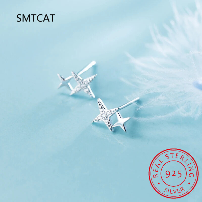 Anting-anting kancing bintang zirkon berkilau trendi untuk hadiah Aksesori perak murni 925 perhiasan pesta Wanita Mode