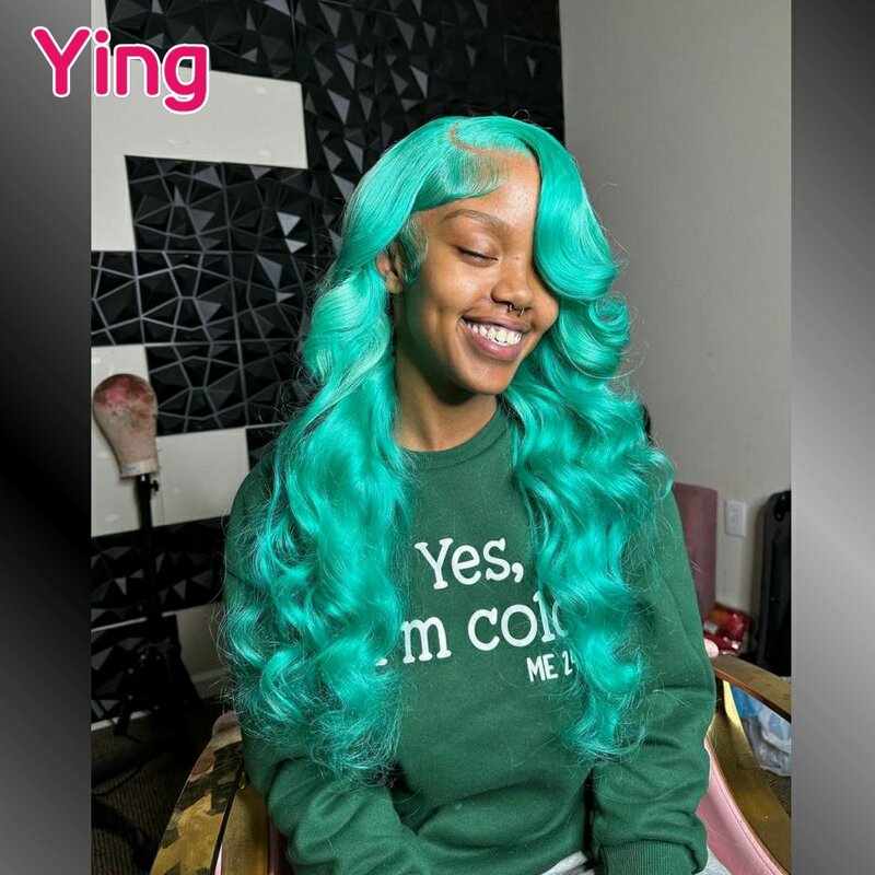 Ying Mint Green Colored 200% Body Wave 13x4 Lace Frontal Wig PrePlucked With Baby Hair 13x6 Transparent Lace Front Wig 34 Inch