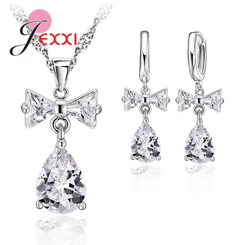 New 925 Sterling Silver Jewelry Set Engagement Wedding Bridal Crystal Rhinestone Flower Round Pendant Necklace Earring Sets