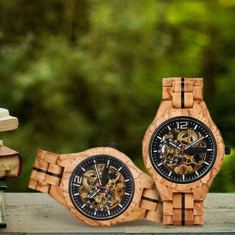 Mechanical Wood Watches for Men,Automatic Self-Winding Skeleton Analog Wooden Watches with Band and Bezel Transparent Case Back