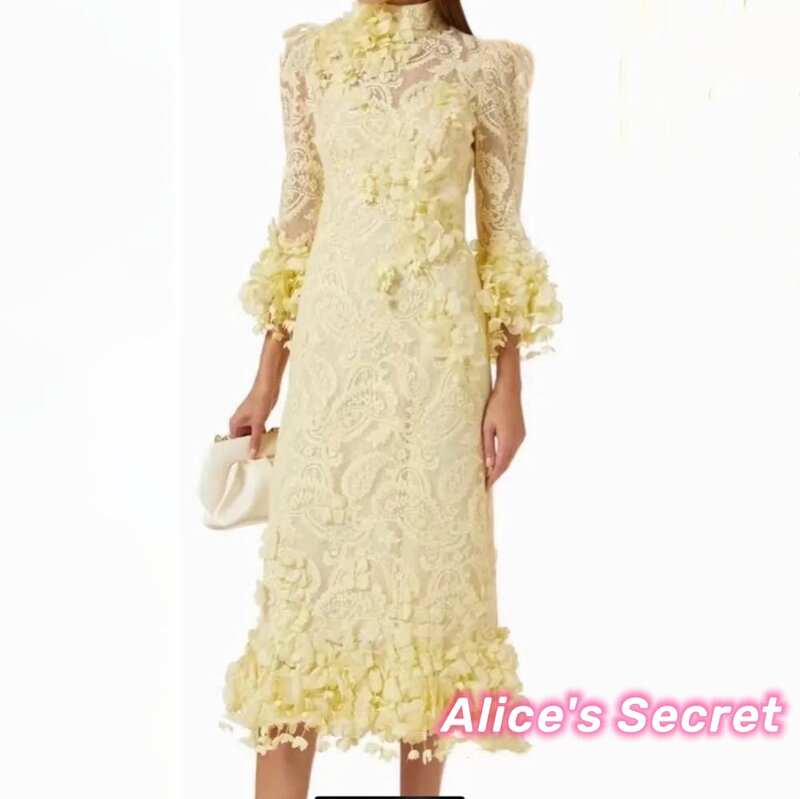 Straight Chiffon Prom Evening Party Dress High Neck 3/4 Sleeve Floral Applique Pearl Tea Length فساتين السهرة  جديده