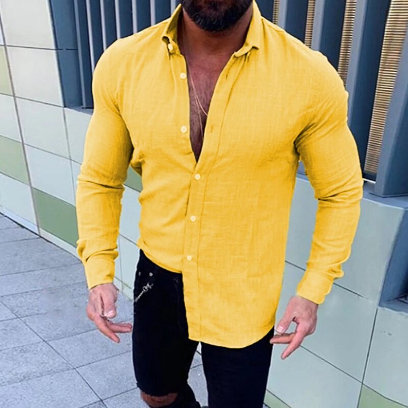 Spring Summer Shirt Single Breasted Long Sleeve Turn-Down Collar Slim Solid Shirt Casual Men's Shirts рубашка