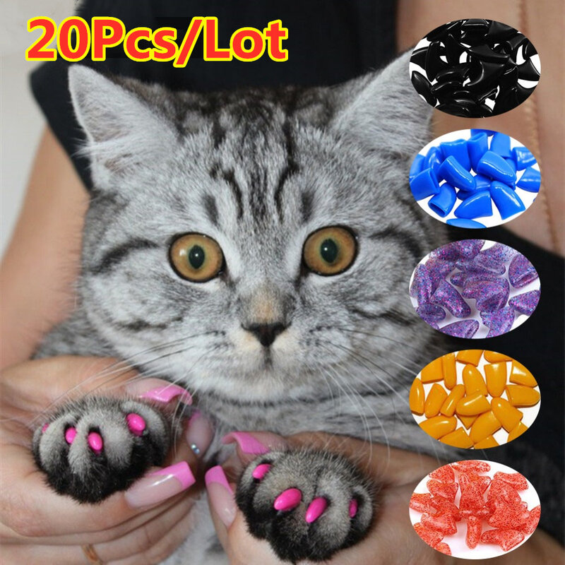 Topi kuku kucing warna-warni mode baru cakar kucing lembut cakar lembut 20 buah/lot dengan lem perekat Gratis ukuran XS S M LGift untuk hewan peliharaan