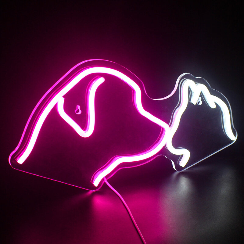Lampu Neon LED merah muda kucing anjing, dekorasi ruang hewan putih lampu bertenaga USB untuk pesta rumah Bar kamar tidur toko hewan peliharaan lampu dinding pesta