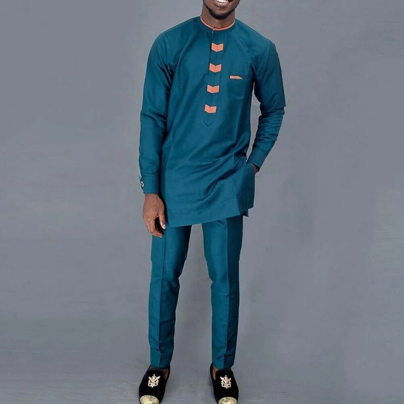 Nowy 2-częściowy luksusowy afrykański tradycyjny odzież męska Eleganckie pełne garnitury Męskie zestawy spodni do sukienki Natywny strój Etniczne Dashiki Kaftan