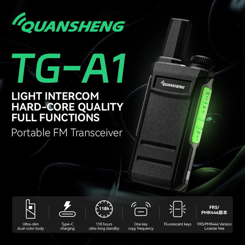 Quansheng-TG-A1 Mini Walkie Talkie, UHF Função Completa, Tipo-C Rádio em Dois Sentidos, Tamanho Pequeno