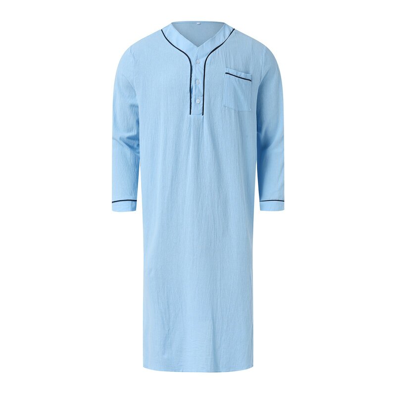 2024 neue Douhoow Männer Kaftan Dubai Robe einfarbig lose Saudi-Arabien Langarm Nachthemd mit Taschen Nachtwäsche Nachthemd