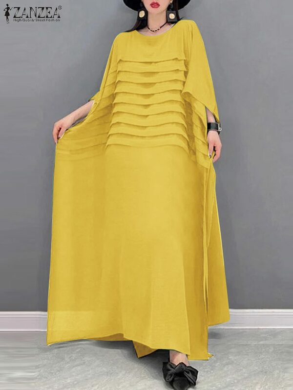 Модное уличное плиссированное платье ZANZEA большого размера, женское длинное платье, летнее свободное платье макси с рукавом 3/4, Повседневное платье с круглым вырезом
