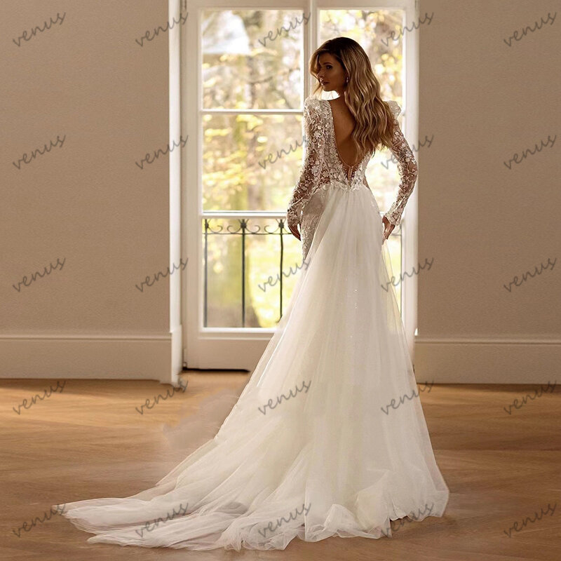 Gaun pernikahan yang indah gaun pengantin Backless leher-v rendah seksi gaun pengantin renda applique jubah panjang lantai untuk pengantin Vestidos De Novia