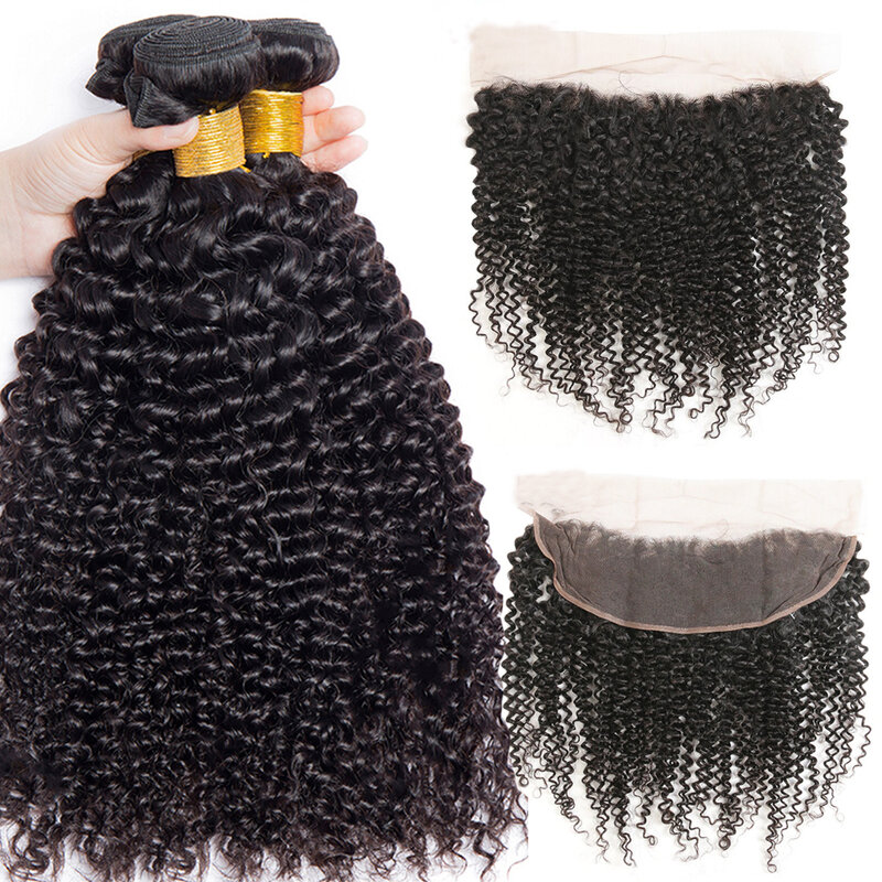 Paquete de cabello rizado peruano con cierre Frontal de encaje Afro con mechones, cabello humano 100%, ondas profundas, ofertas de cabello virgen