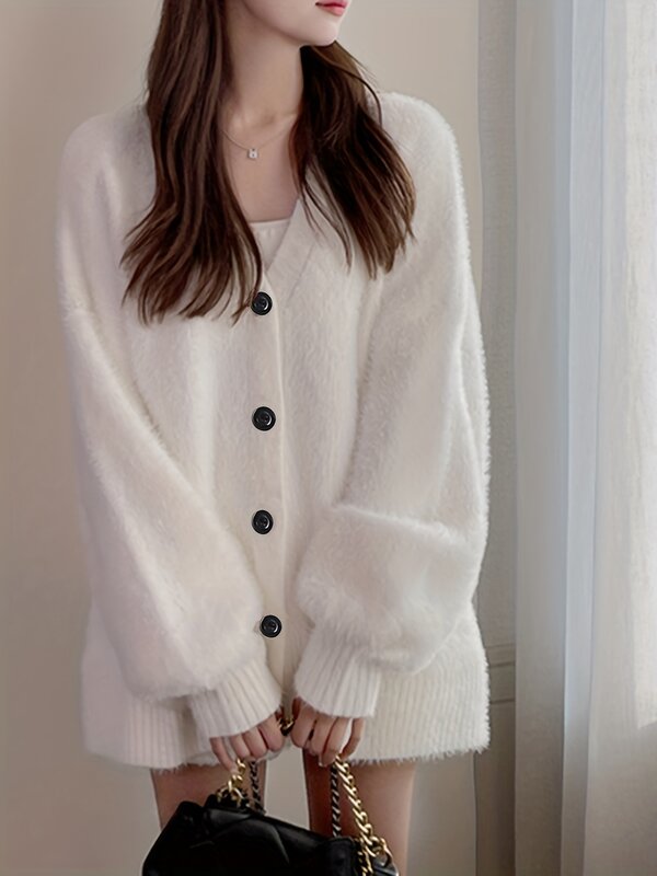 Элегантный вязаный кардиган Y2K-классический Однотонный свитер с пуговицами спереди, V-образным вырезом, длинными рукавами, мягкий вязаный материал-женская мода