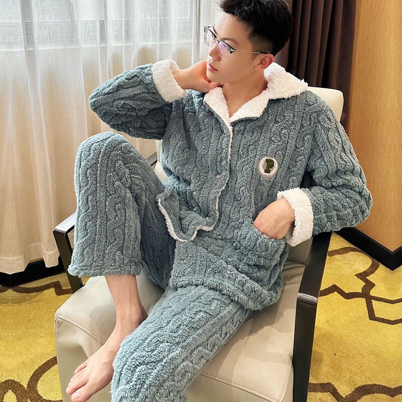 Winter Long Sleeve Trouser Pijamas Suit with Pockets Plus Size Men Pajamas Set Thickened Coral Fleece Sleepwear Loose Home Wear