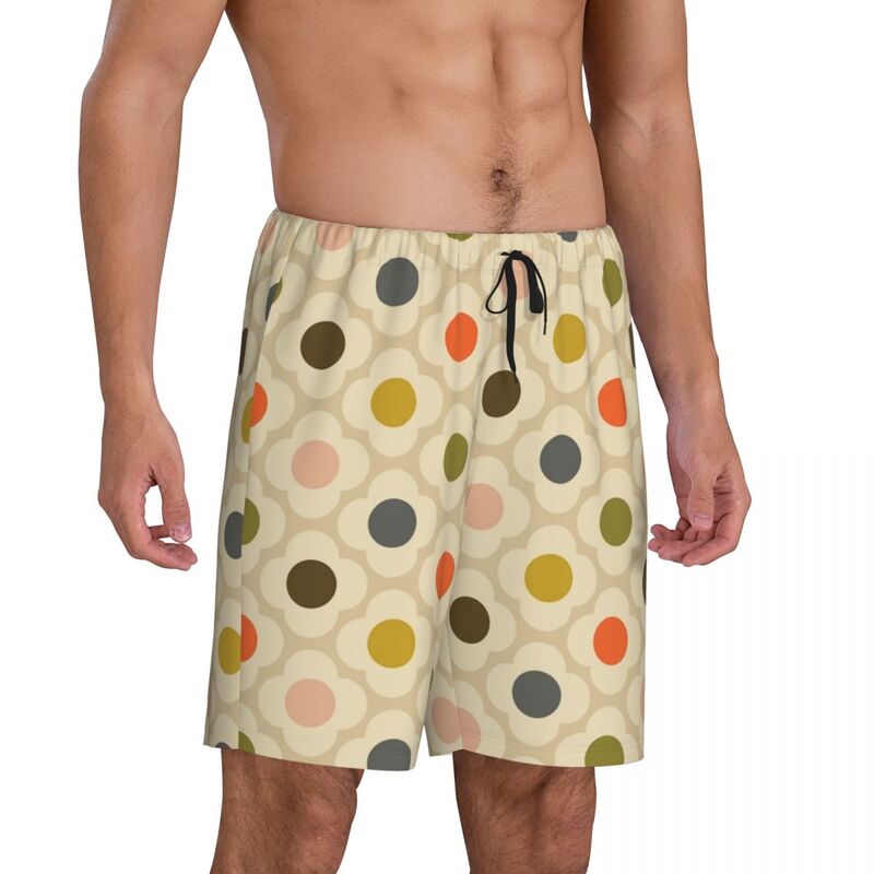Fundo de pijama estampado personalizado masculino com bolsos, shorts para dormir com bolsos, pijamas florais escandinavos, mancha de flores Orla Kiely, verão