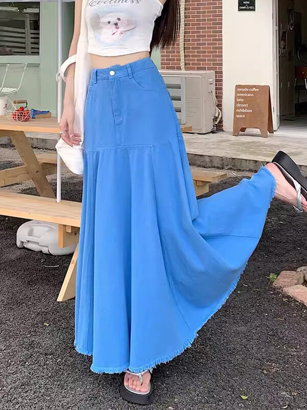 Nova saia comprida de ganga de verão para mulher Moda Saia de cintura alta com cintura e tornozelo Saia casual solta com folhos azul brilhante