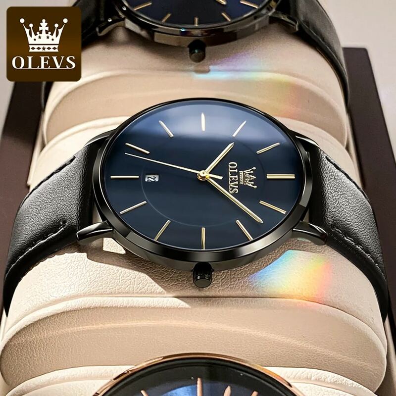 ساعة يد OLEVS-حزام جلدي مقاوم للماء كوارتز ، ساعة عمل فائقة الرقة ، مناسبة للتاريخ ، قرص ، فاخرة ، عصرية ،