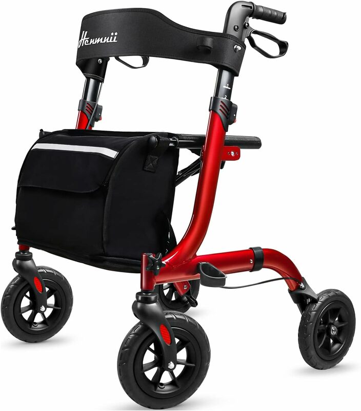 Henmnii Rollator Walker for Seniors, Lightweight Foldable All Terrain Rolling Walker with seat, Aluminum Walkers with 8 inch Rub