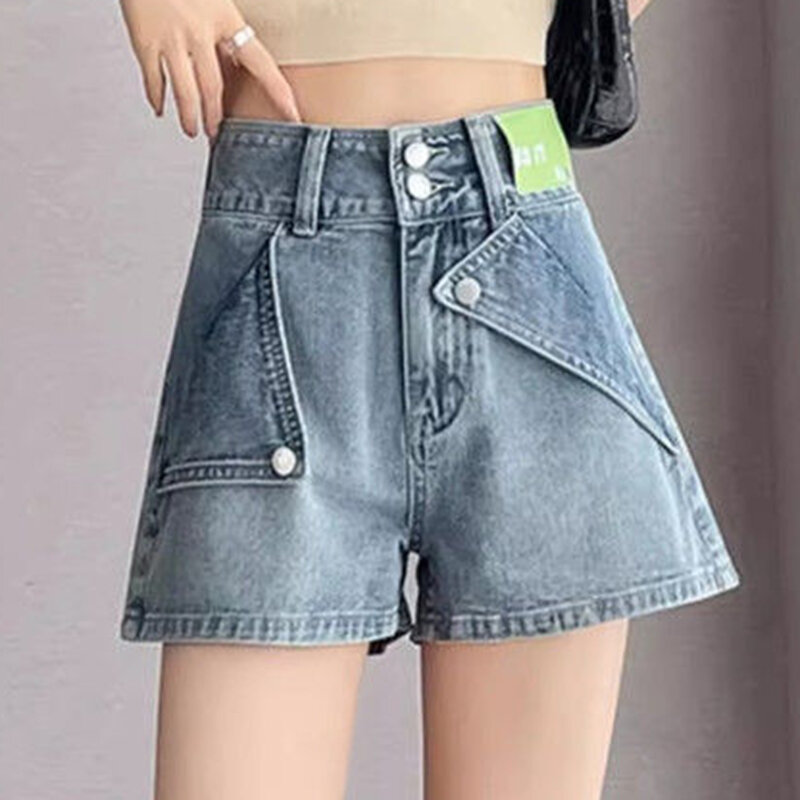 Женские джинсовые шорты с высокой талией, повседневные шорты с широкими штанинами, лето 2024