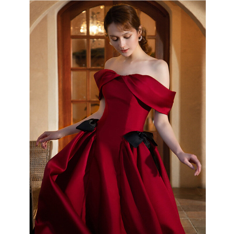 Women Burgundy Off Shoulder Prom Dresses Satin Elegant Long A-line Party Gowns Formal Dress