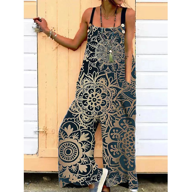 Women Ethnic Printed Loose Casual Pockets One Piece Jumpsuit Bib Long Wide Leg Pants Overalls