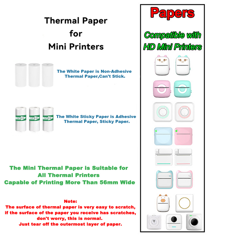 Auto-adesivo Mini Printer Paper, Papel Térmico, Etiqueta Etiqueta, Mini Impressoras, Pose Máquina, Kid Camera Adesivos, 57mm Largura Rolls