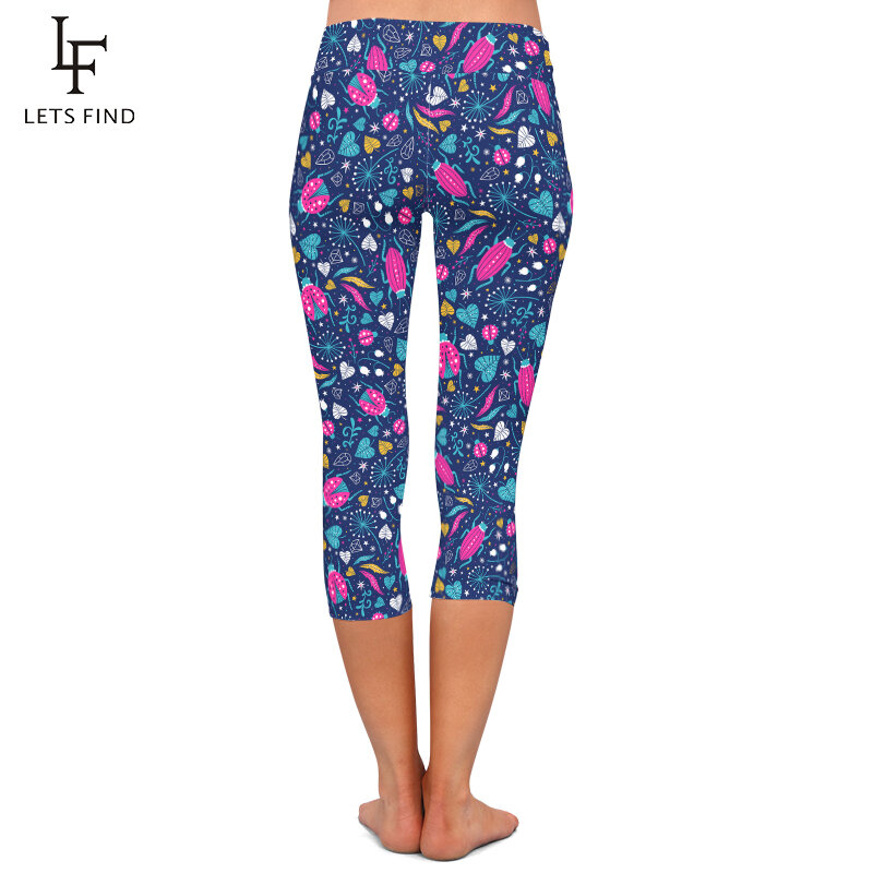 Letsfind verão 3d floral joaninha impresso feminino capri leggings nova chegada cintura alta calças de fitness macio