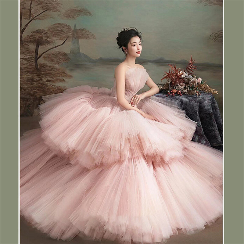 Gaun pesta bergigi leher Tulle berjenjang gaun pesta merah muda 2024 gaun malam Formal untuk wanita menyapu gaun pesta gaun Prom