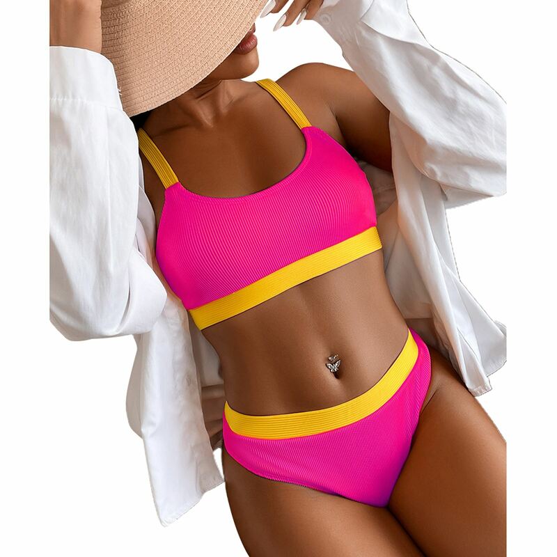 Conjunto de Bikini de punto acanalado para mujer, traje de baño de 2 piezas con tirantes anchos, Color Block