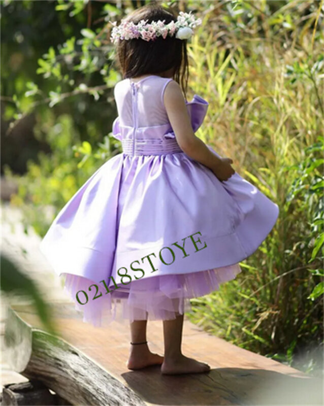 Puffy High-Low Gown for Girls Lavender Satin Tulle Flower Girl Dress for Wedding Kid Pageant Gown Birthday Dress Kid Size 1-14T