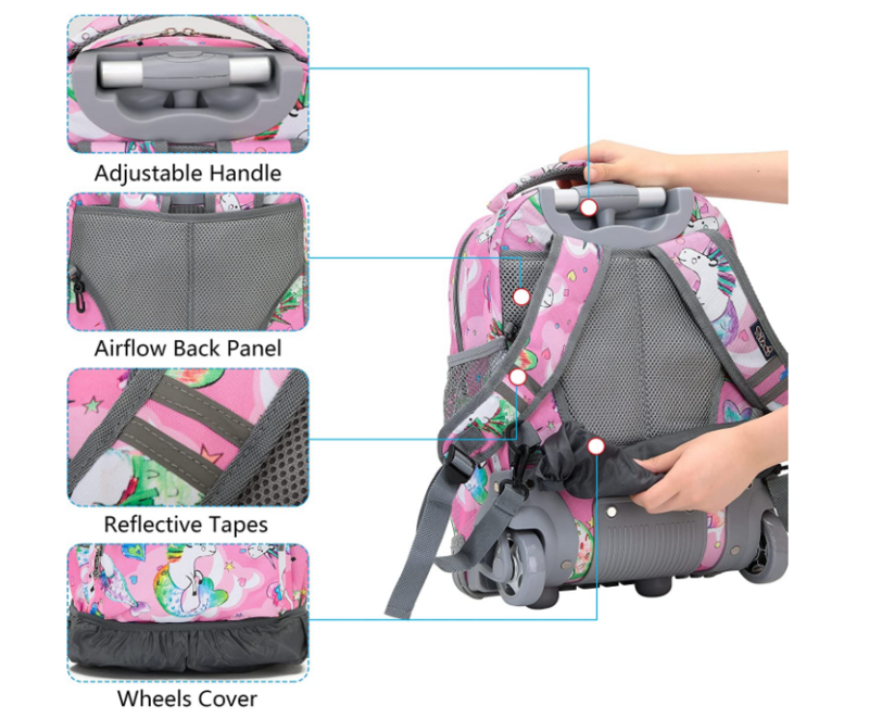 Sac à dos roulant pour enfants, ensemble 3 en 1 de 16 pouces avec sac à déjeuner, trousse à crayons pour filles, valise de voyage à roulettes