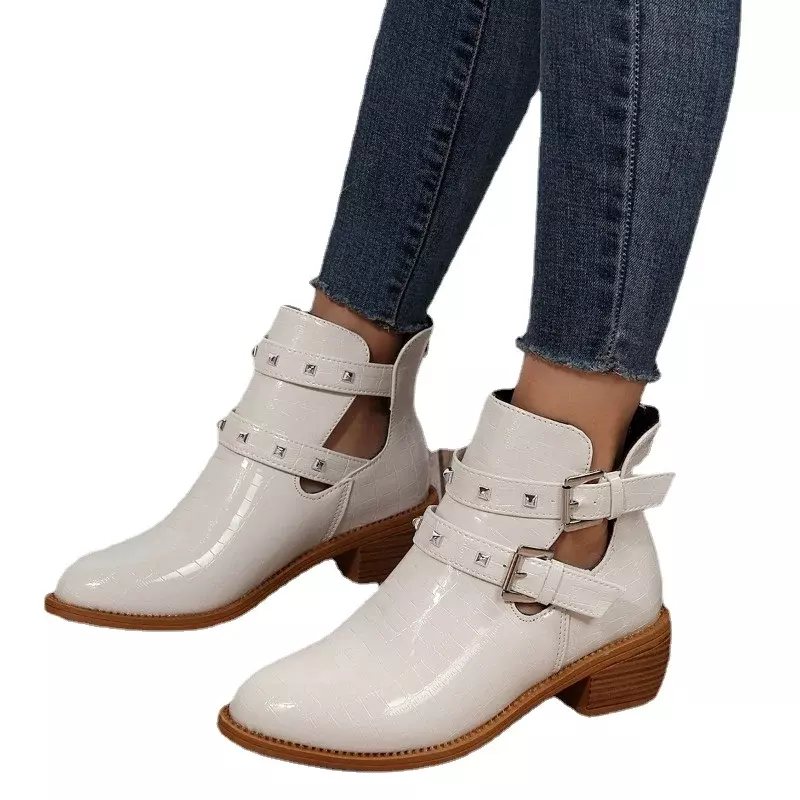 Botas con remaches y hebilla De cinturón para Mujer, Zapatos con plataforma blanca De alta calidad, a la moda, invierno, 2023