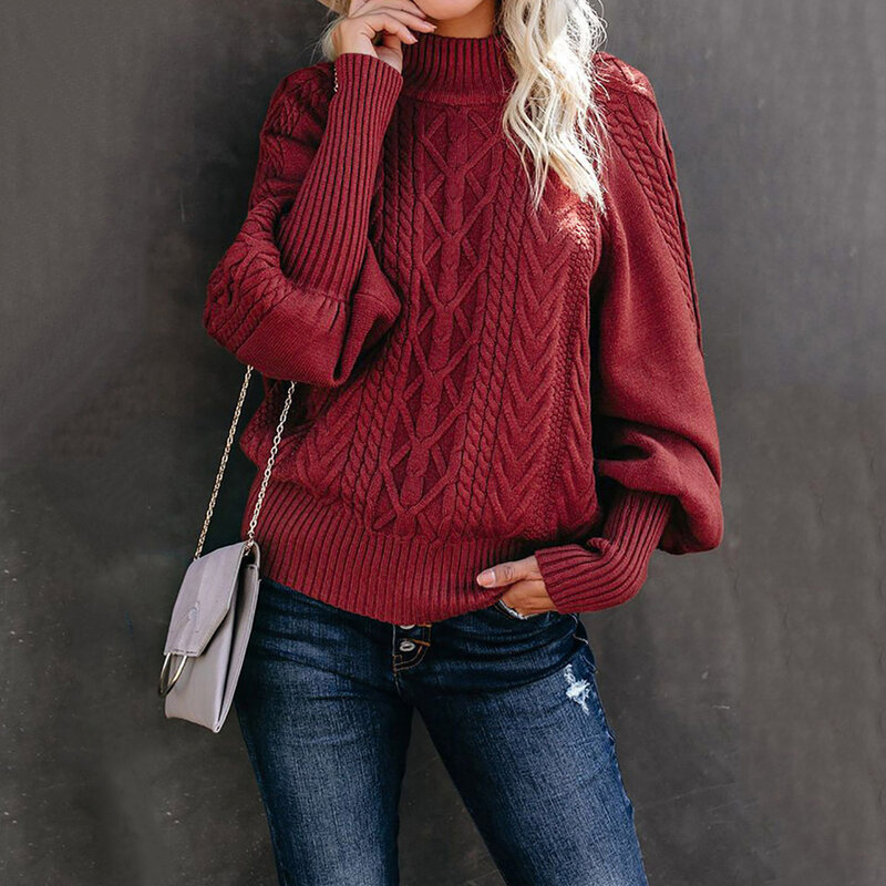 2023 zimowy nowy sweter ze średnim dekoltem damski rekreacyjny luźny rękaw na zakupy z dzianiny solidny kolor sweter