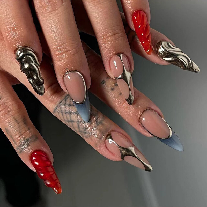 24pcs Heavy Metal Press on Nails 3D Red Gold Wave Design Y2k Almond False Nails Patch Ins Punk Style Fake Nails Tips for Girls