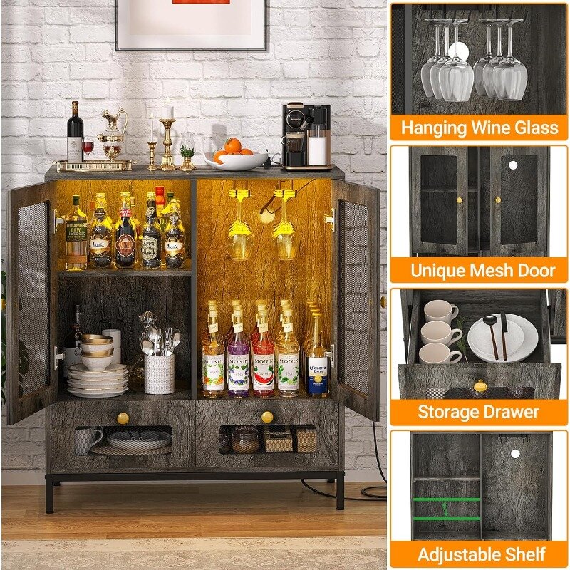 Buffet avec rangement, armoire pour bar à vin avec prise de courant et lumière LED, armoire de rangement de cuisine avec égouts de proximité