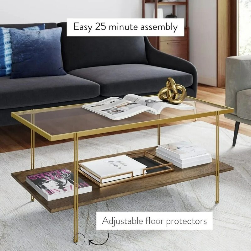 LISM Nathan James Asher Mid-Century Rectangle Coffee Table Glass Top and Rustic Oak Storage Shelf with Sleek Brass Metal Legs