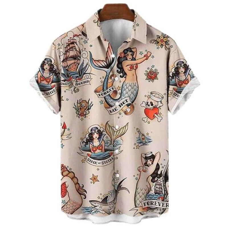 Retro męskie koszule hawajskie 3D drukuj syrenka grafika Casual guzik z krótkim rękawem klapa Streetwear koszule hawajskie dla mężczyzn lato