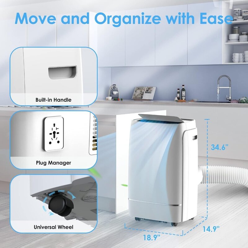 12800 BTU 3-in-1 Quiet Portable AC with Dehumidifier & Fan & Smart 24H Timer, Wide Oscillation, Remote Control & Window Kit