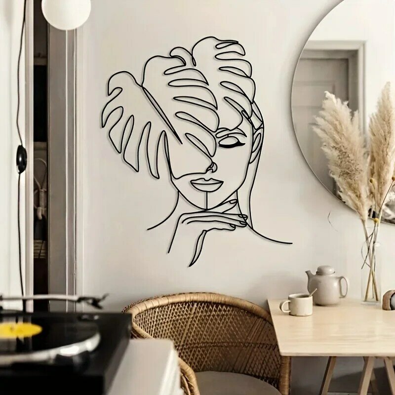 Art en fer, beauté du cuir chevelu à ligne géométrique, art mural en métal minimaliste, mur féminin en métal, décoration murale pour chambre de femmes