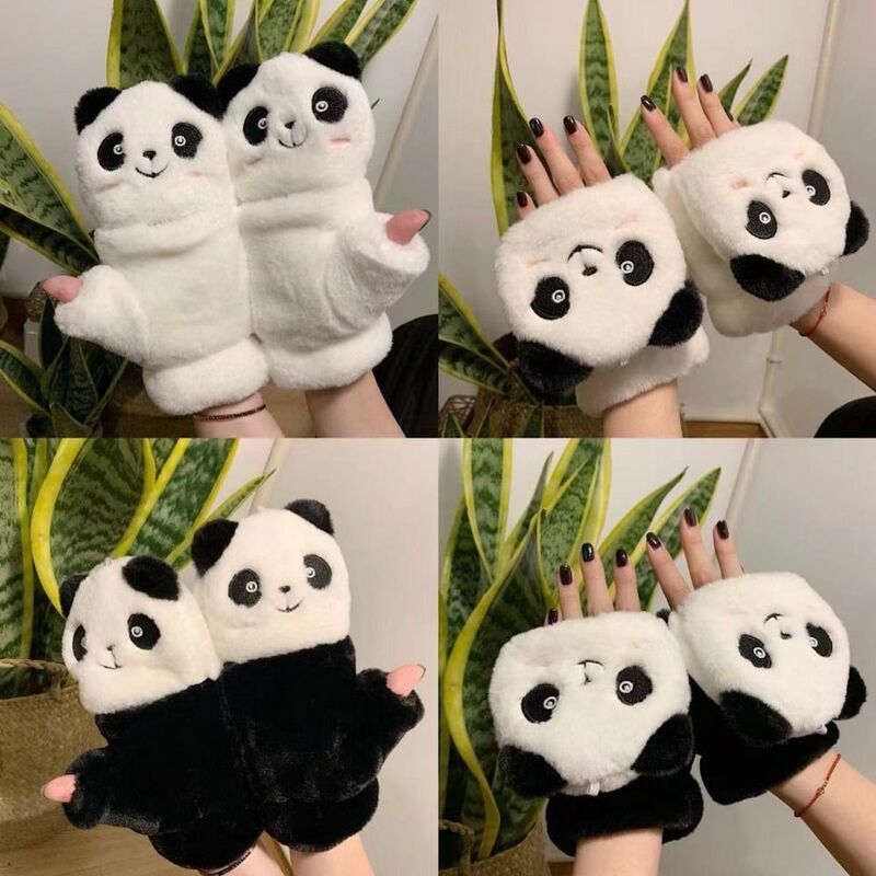 Imitation Rabbit Hair Flip Half Finger Gloves Winter Accessories Cute Panda Plush Warm Mittens Soft Thicken Touch screen Gloves