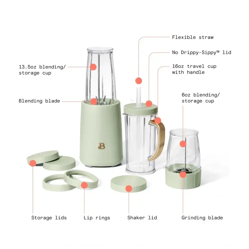 Beautiful Personal Blender Set with 12 Pieces, 240 W, Sage Green by Drew Barrymore